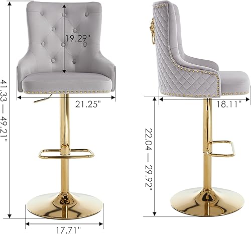 Miniatura 2 de Juego de 2 taburetes de bar de terciopelo dorado, modernos taburetes giratorios ajustables en altura de mostrador con respaldo alto copetudo, base