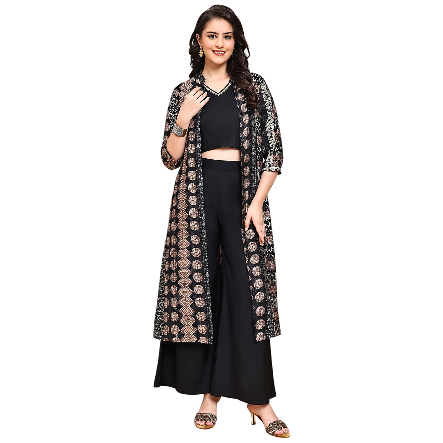 claura Women's Printed Long Shrug with Crop Top and Palazzo Set, Black and Gold Geometric Pattern, 3/4 Sleeve Indo-Western Co-ord Outfit-picture-28