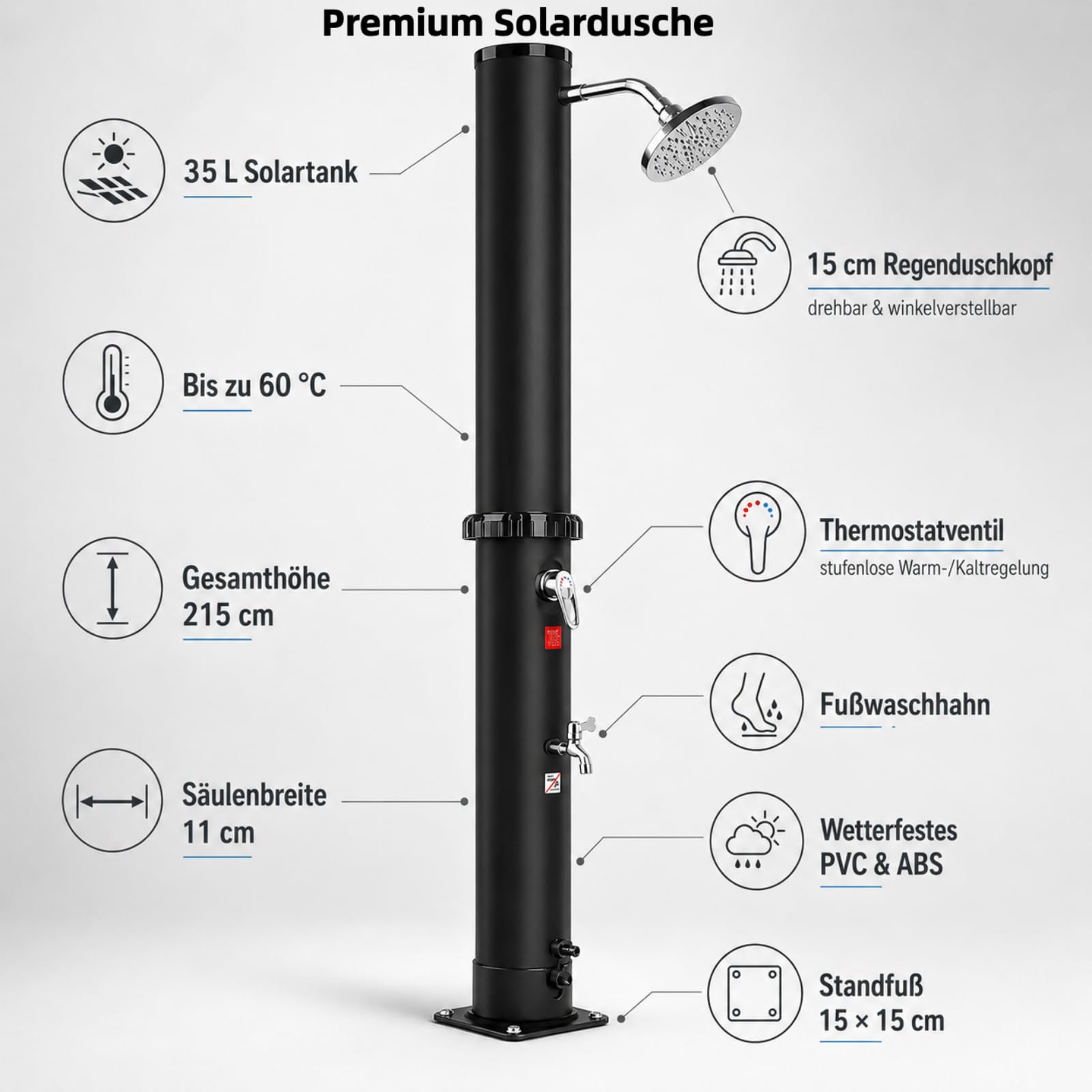 Solardusche für Garten, Solar Gartendusche mit verstellbarem Regenduschkopf, Wasserhahn, Temperatur- und Druckregelung, Pooldusche für Schwimmbecken, Außendusche, Camping, max 60℃ (35 L)