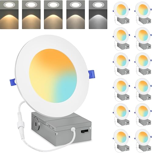Gonshdi Iluminación empotrable de 4 pulgadas, paquete de 12 luces LED ultrafinas de 800 lm con caja de conexiones, regulable 2700 K3000 K3500 K4000