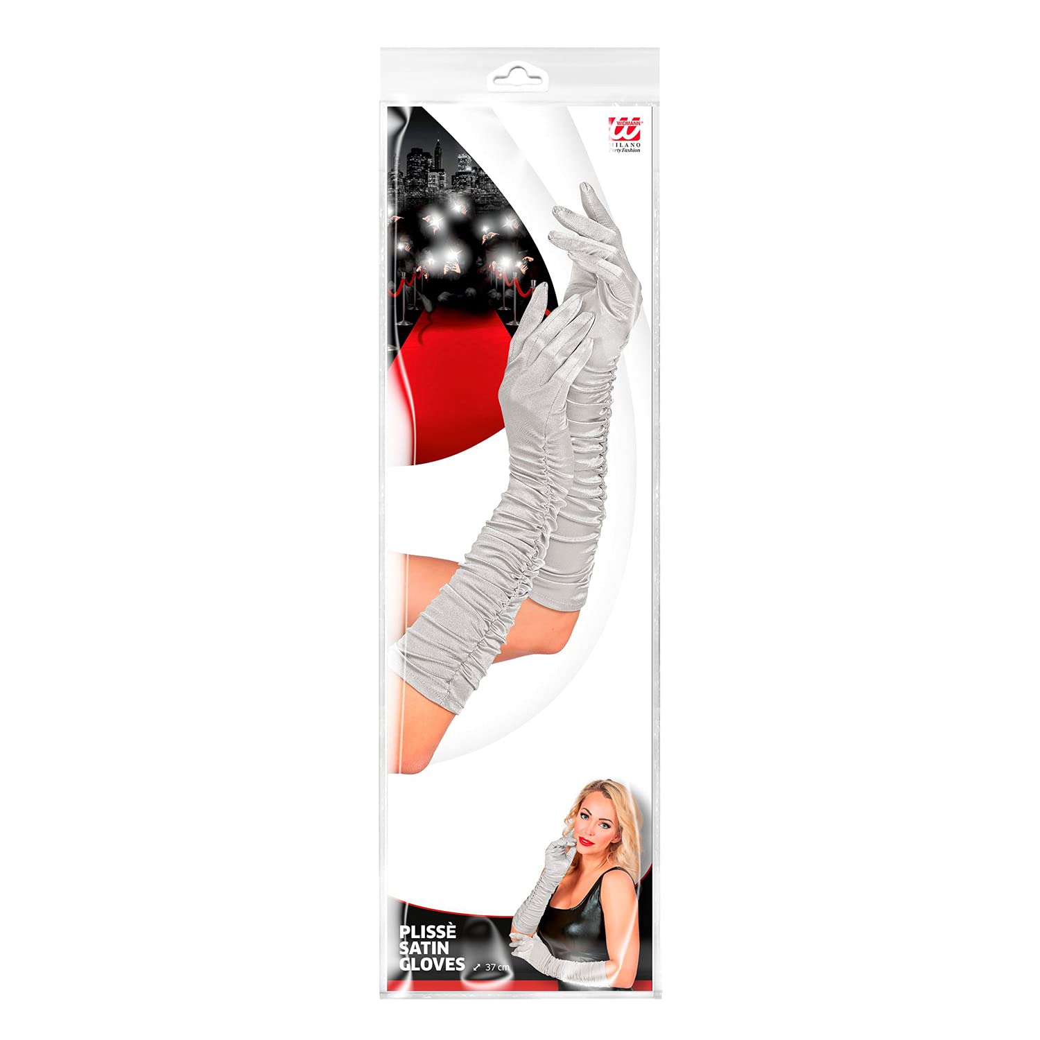 W WIDMANN MILANO Party Fashion - Gathered Satin Gloves, 1 Pair, Length 44 cm, Accessory 20s, silver - Image 2