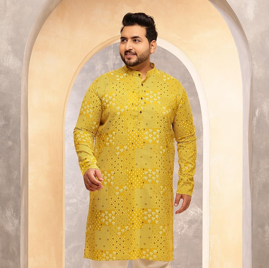 Image of SOJANYA Plus (Since 1958) Men's Cotton Blend Sanganeri Printed Long Kurta
