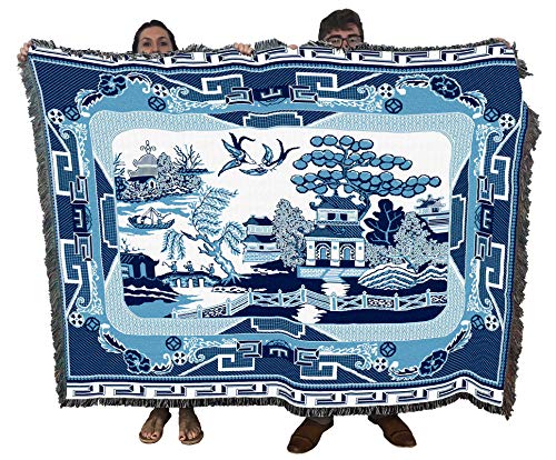 Pure Country Weavers Blue Willow Blanket - Asian Gift Tapestry Throw Woven from Cotton - Made in The USA (72x54)