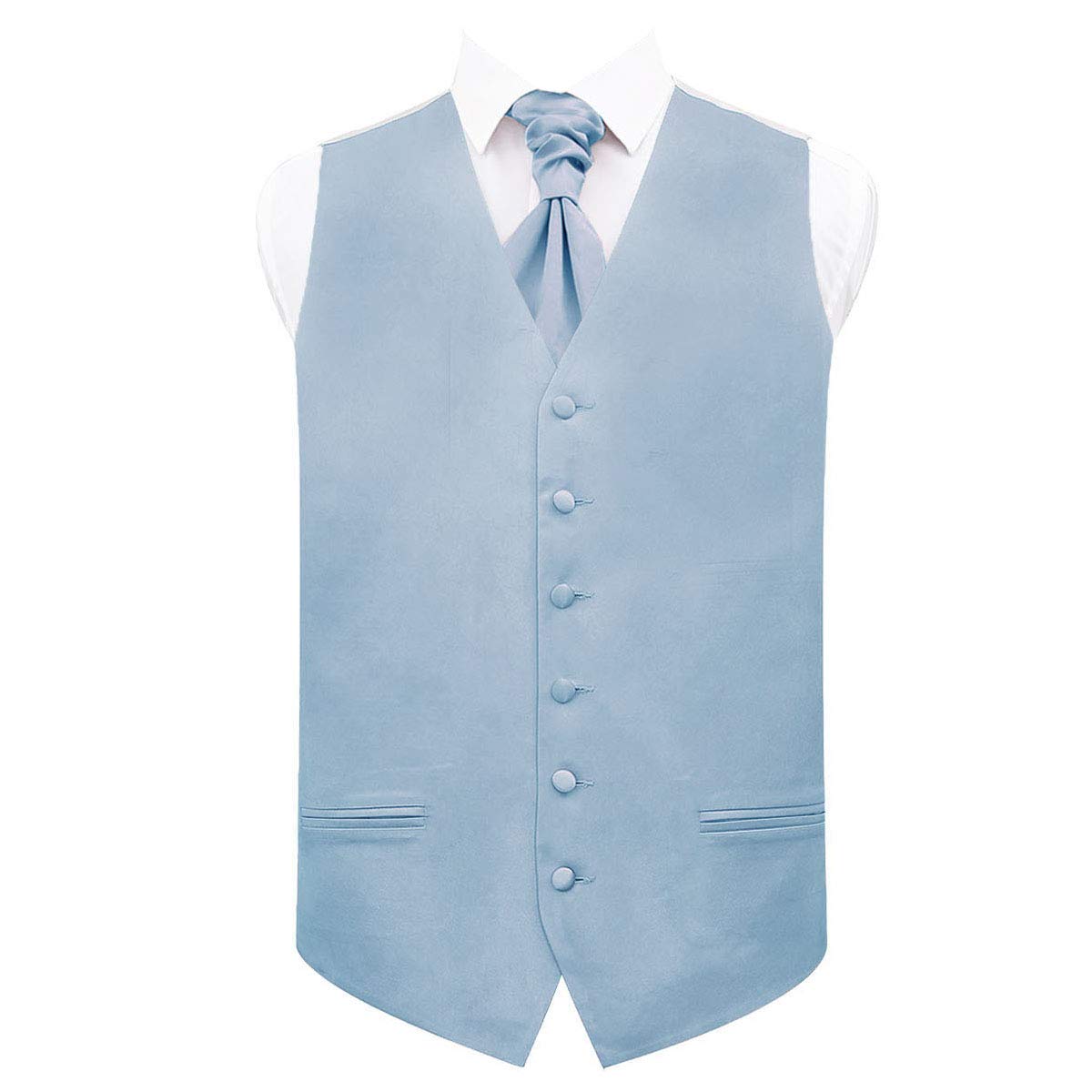 DQT Mens Plain Satin Waistcoat & Pre-Tied Scrunchie Cravat Set (2pc) - Wedding, Business & Formal - Dusty Blue 40" (L)