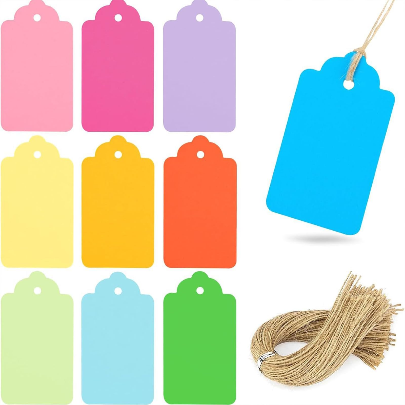 Shensuii 100Pcs Gift Tags for Presents, Colorful Gift Tags with String, Small Paper Tags in 10 Assorted for Christmas Wrapping, Personalised Coloured Labels for Party Bags DIY Gift and Festive Crafts