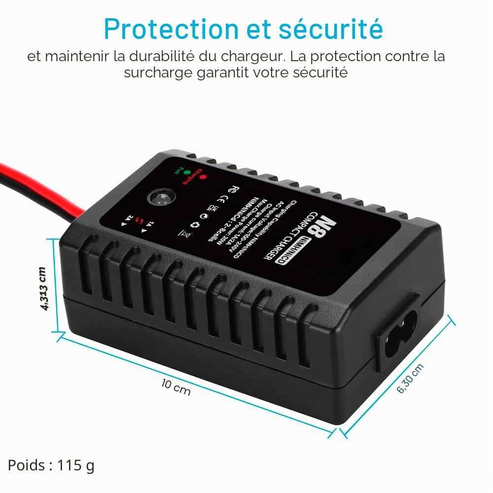 Haisito N8 Chargeur de batterie LiPo, 2-8s Smart NiMH/NiCd avec prise standard/mini 2,4 V/9,6 V, convient pour les voitures radiocommandées Airsoft, bateaux, drones