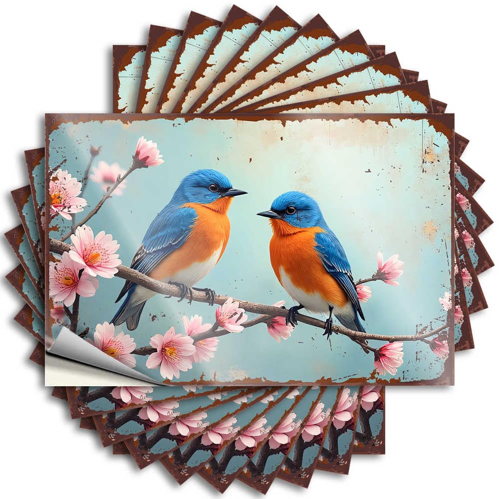 Sticker Tiki Checkered Aesthetic Garage Two Bluebirds Perched On A Blossoming Branch - Scratch Resistant Stickers(6X9CM)