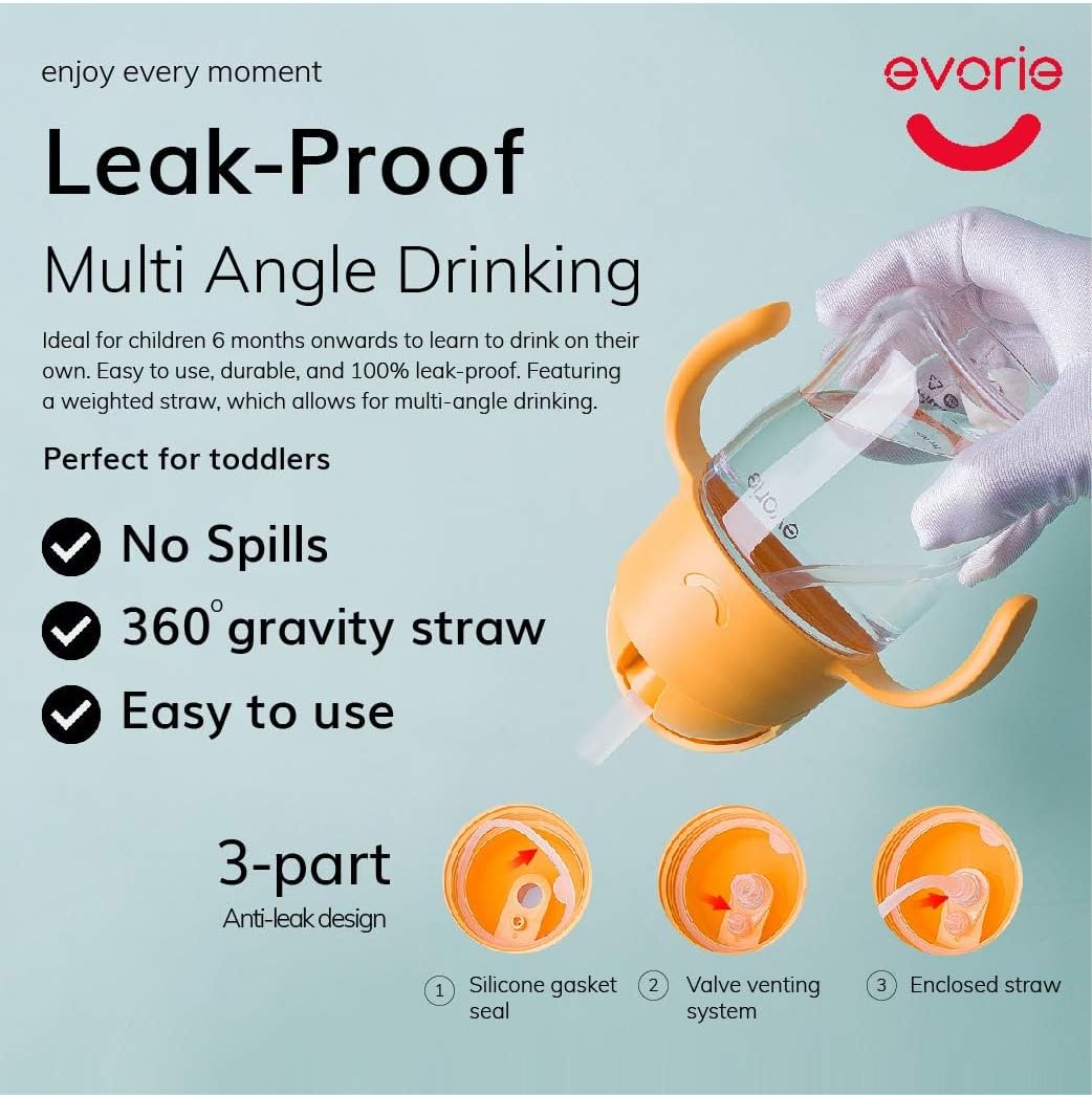 Evorie Tritan Weighted Straw Sippy Cup with Handles for Baby and Toddlers for 6+ Months, 2 Pack (Blue and Bumble Bee)