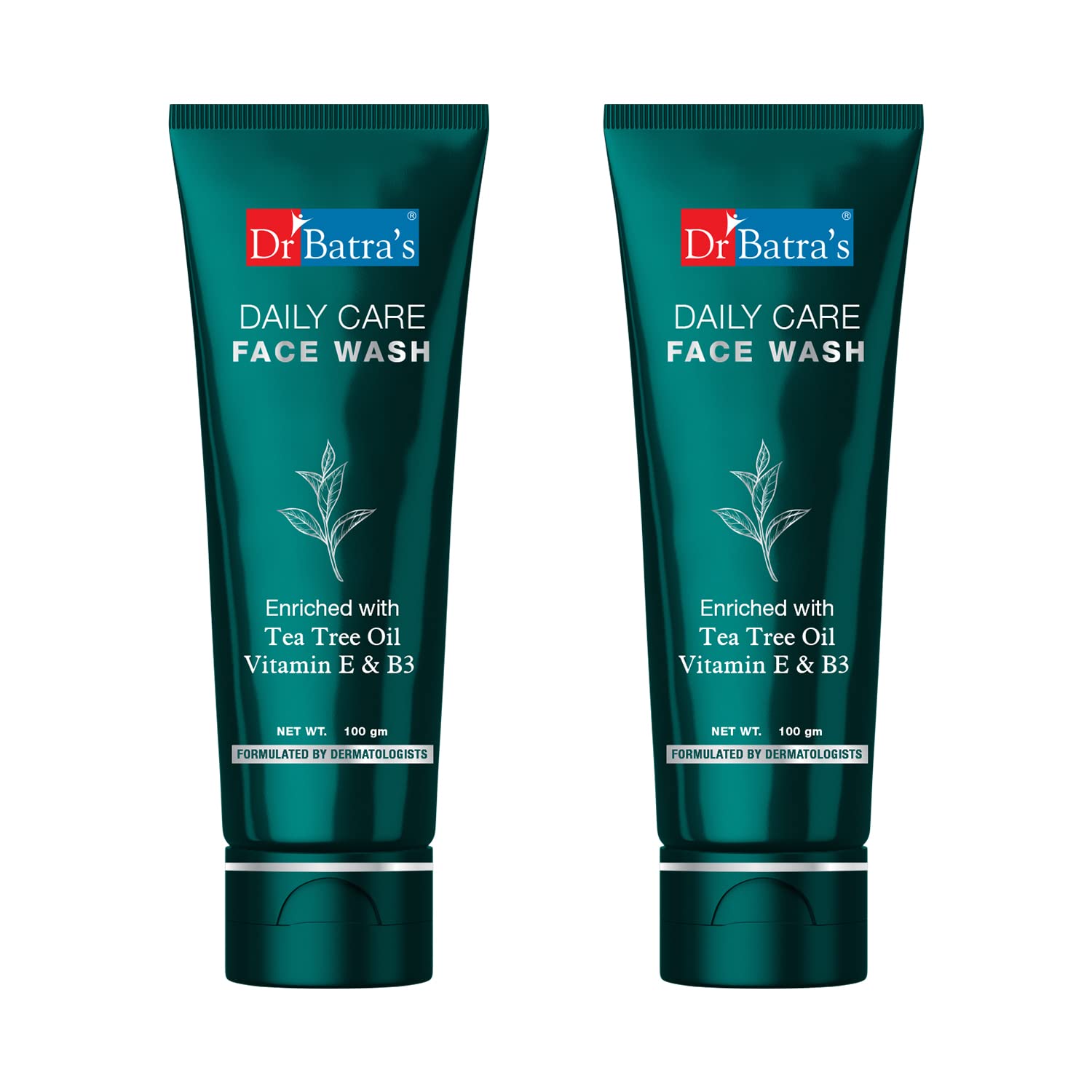 Dr Batra's Daily Care Face Wash with Tea Tree Oil, Vitamin E & B3 | Helps Cleanse, Nourish & Refresh Skin | Gentle Daily Face Cleanser for Clear, Healthy Looking Skin | Suitable for All Skin Types | 100 ml Pack of 2