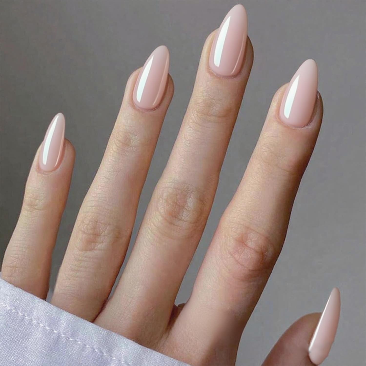 GLAMERMAID Press on Nails Medium Almond, Spring Summer Nude Gel Glue on Nail, Glossy Short Stiletto Reusable UV Finish Fake Nails Acrylic False Nails