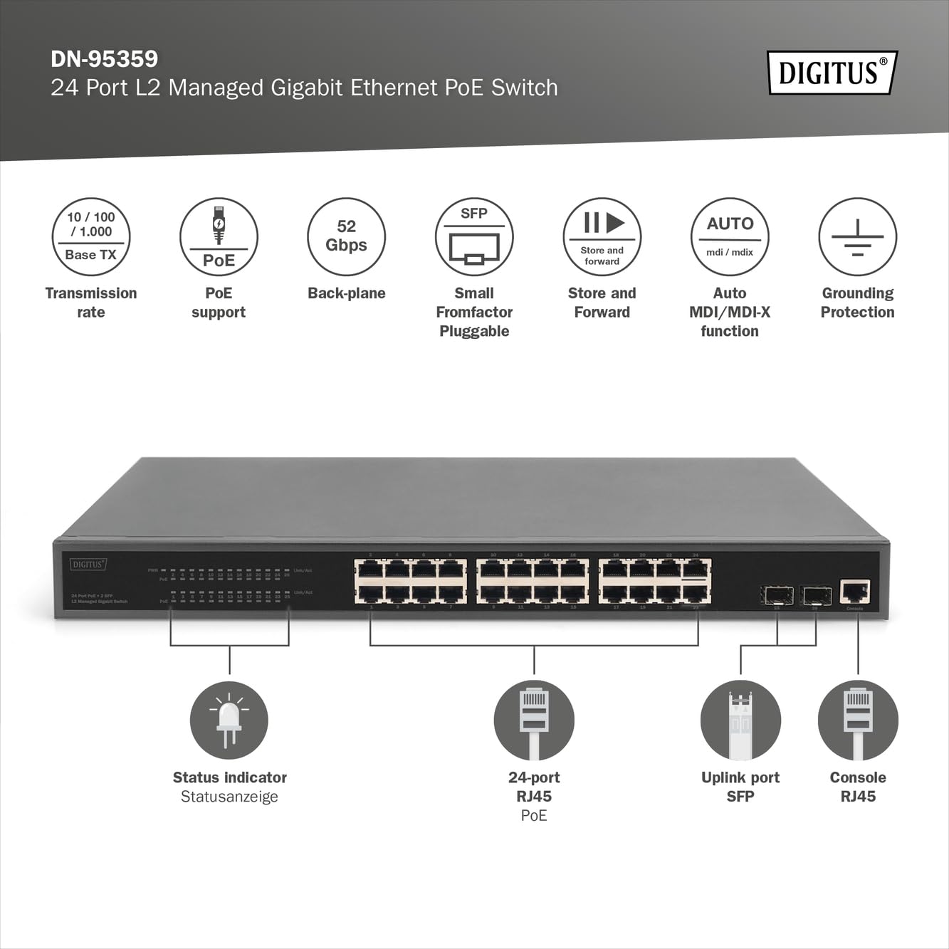 DIGITUS 27-Port Managed Gigabit PoE Netzwerk-Switch - 24 RJ45-Ports - 2 SFP-Ports - 1 Console-Port - 450W PoE-Budget - L2 Features - 19 Zoll - 10/100/1000 Mbps - schwarz, (DN-95359)