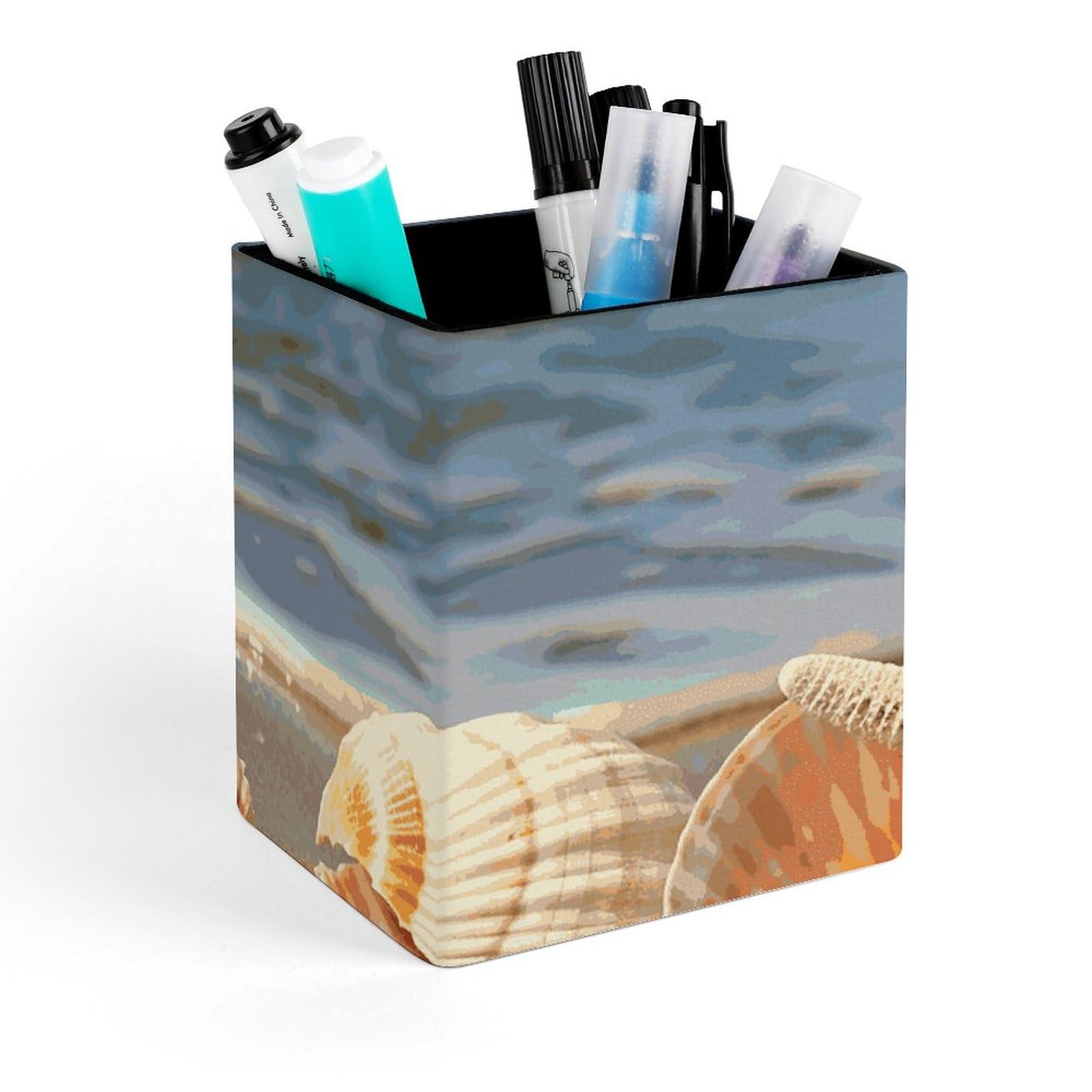 Porte-stylo carré en cuir imprimé coquillages 11cm pour organisation bureau