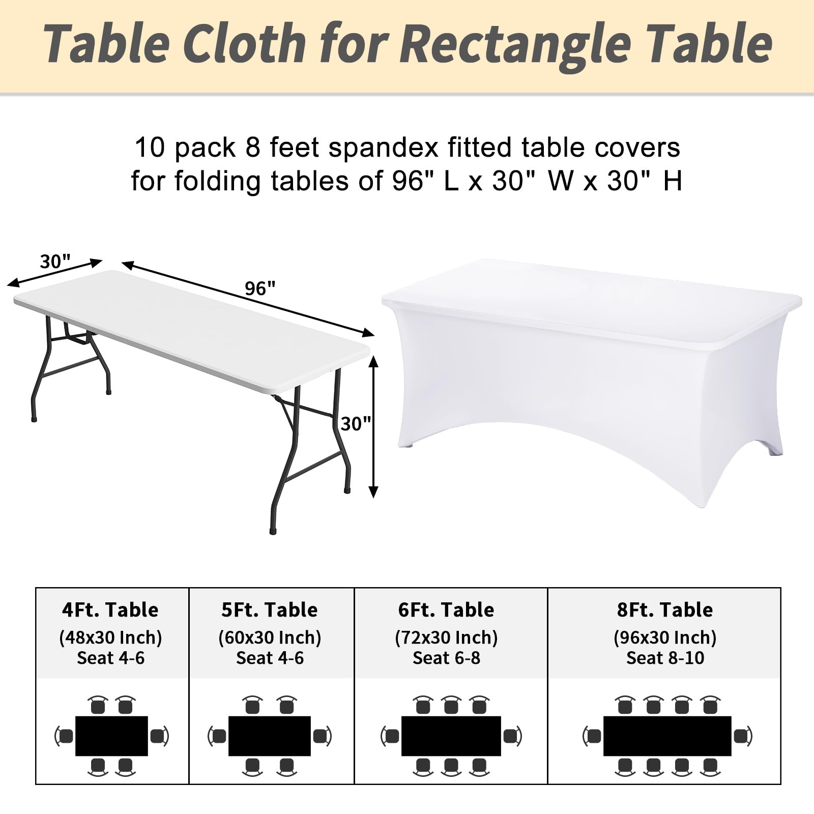 Fixwal Paquete de 10 manteles rectangulares de elastano elástico de 8 pies para mesa de patio, eventos, bodas, banquetes, fiestas (blanco, 96 pulgadas de largo x 30 pulgadas de ancho x 30 pulgadas de