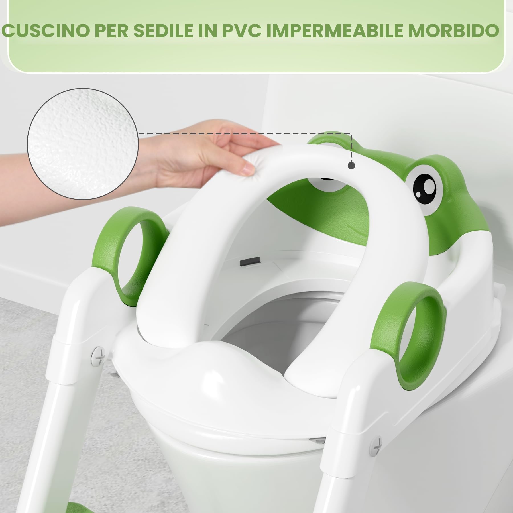 COOSEYA Riduttore Wc Bambini A Forma Di Rana,2 In 1 Vasino Con Scaletta Per Bambini Wc,Tappetino Impermeabile E Sgabello Antiscivolo,Verde