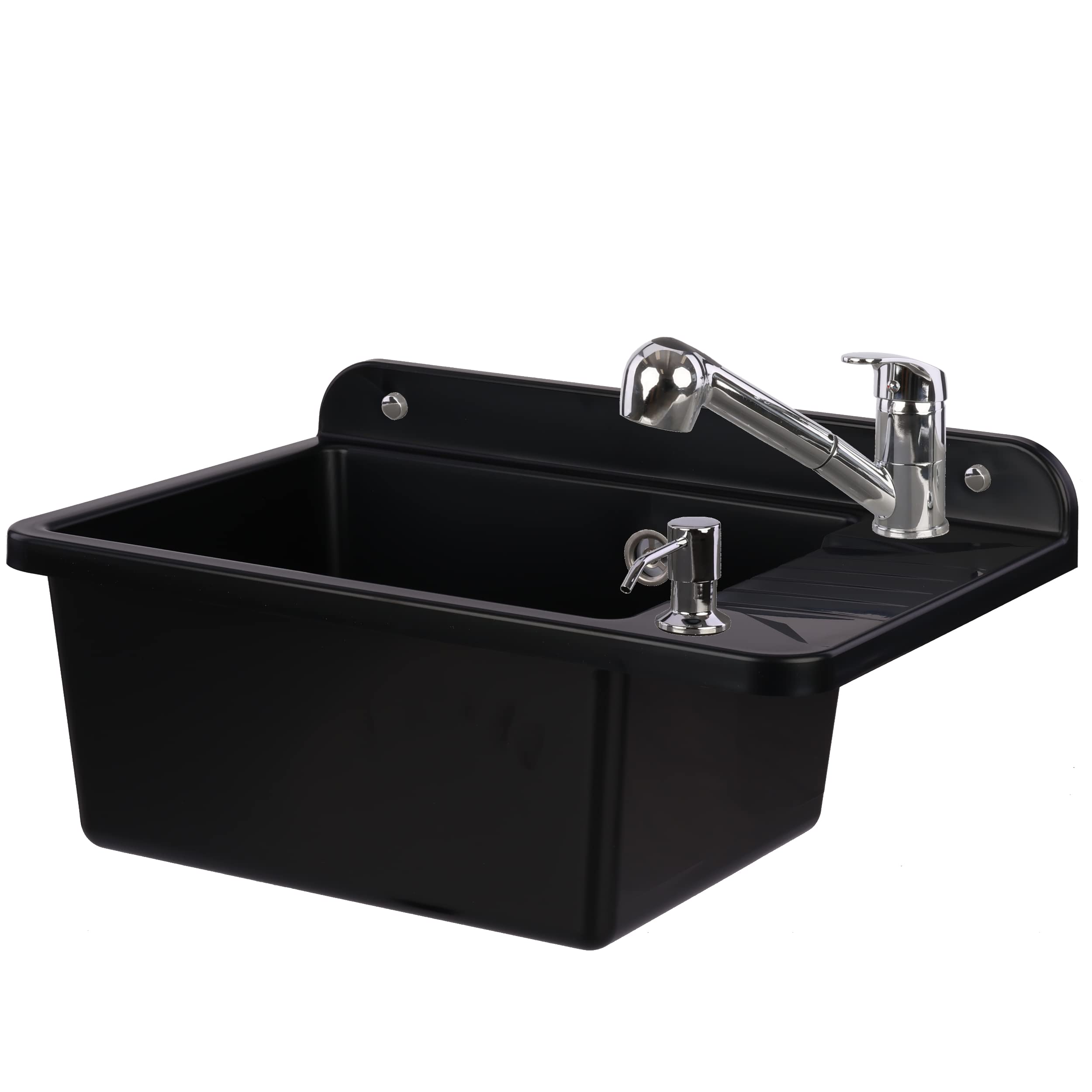 Fregadero de 51 cm, color negro, granito, poliestireno, con grifo extensible, dispensador de jabón con rebosadero, sifón, fregadero de pared