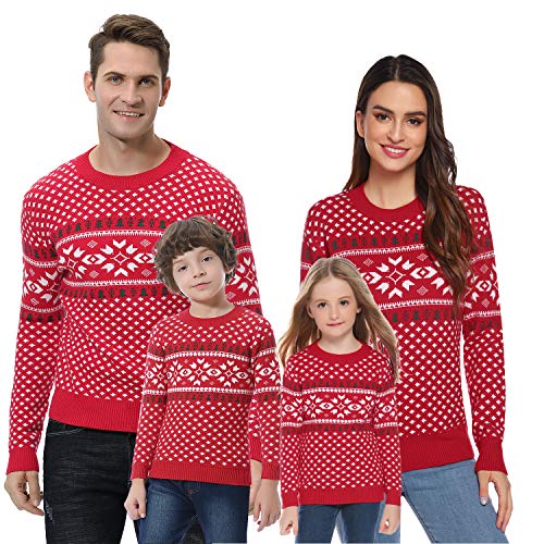 Abollria Christmas Sweater for Family Matching Ugly Christmas Funny Xmas Snowflake Sweaters Pullover(Dad/Mom/Kids) Red,Mom Large