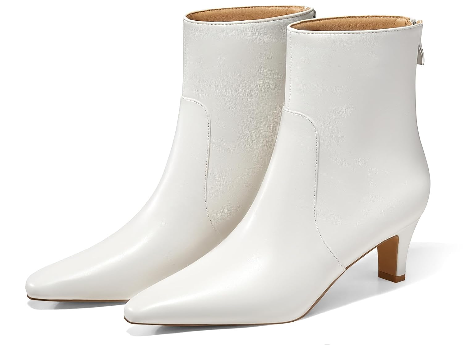 Coutgo Womens Low Kitten Heel Short Boots Fall Square Pointed Toe Ankle Boots Leather Dress Booties With Zipper