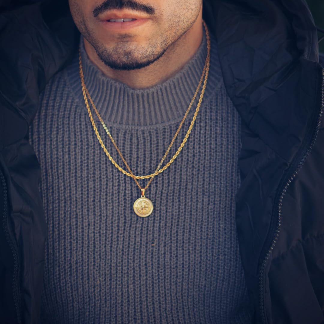 DVRK® Pack 2 Cadenas Hombre Bañadas en Oro 18k con Base de Acero Inoxidable 316L – Cadena Oro Hombre Estilo Cordón y Collar Brújula Resistentes al Agua y al Sudor - Regalo