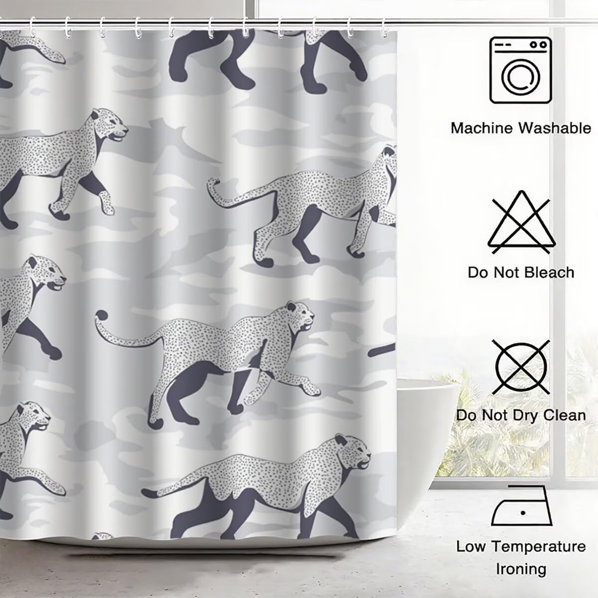 Grau Duschvorhang 240x200, Duschrollo mit 12 Duschvorhang Haken, Leopard Shower Curtains Beschwerter Saum, Waschbar Polyester Stoff Wasserdicht Extra Lang für Badewanne Badezimmer, Geschenke -3173