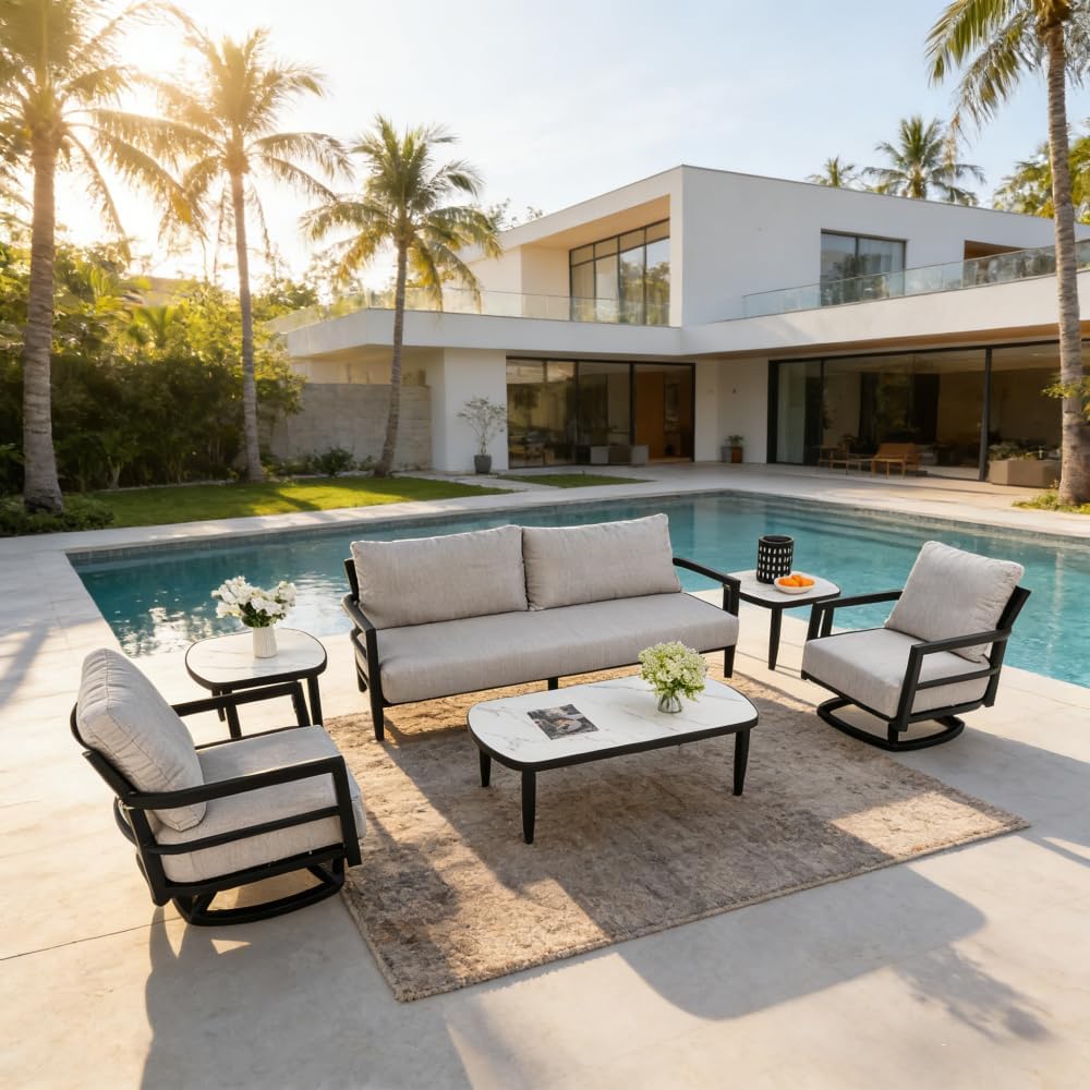 Outdoor Conversation Set: 6-Piece with 360° Swivel Club Chairs, Bench Sofa, Marble-Style Sintered Stone Coffee Table, Rust-Free Aluminum Frame & Cushions