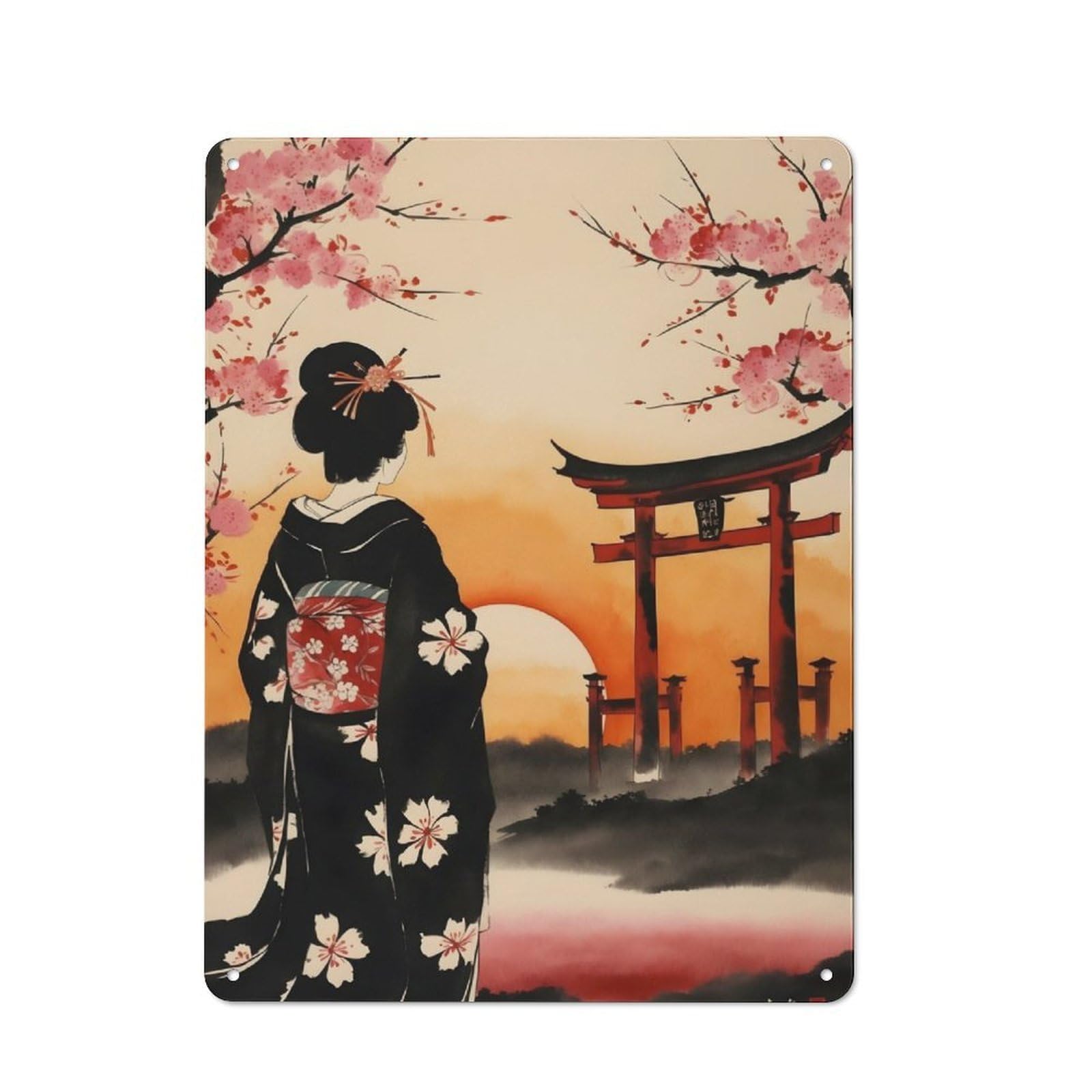 Junmoney Japanese Geisha Cherry Printed Metal Sign 40X30cm For Bar Or Restaurant, For Kitchen, Dining Room And Home Bar Wall Decor