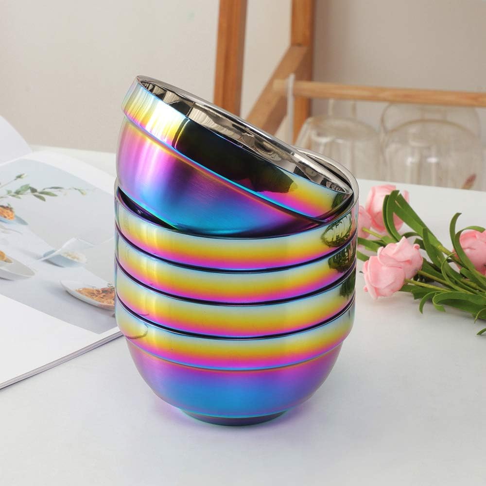 Exclusive Special Large Rainbow 304 Stainless Steel Bowl Set of 4, Double-Walled Heat Insulation Anti-Scalding Kitchen Soup Bowls, Drop Resistance Children Bowl Salad Bowl Set for Mixing (5.1 Inches Diameter)