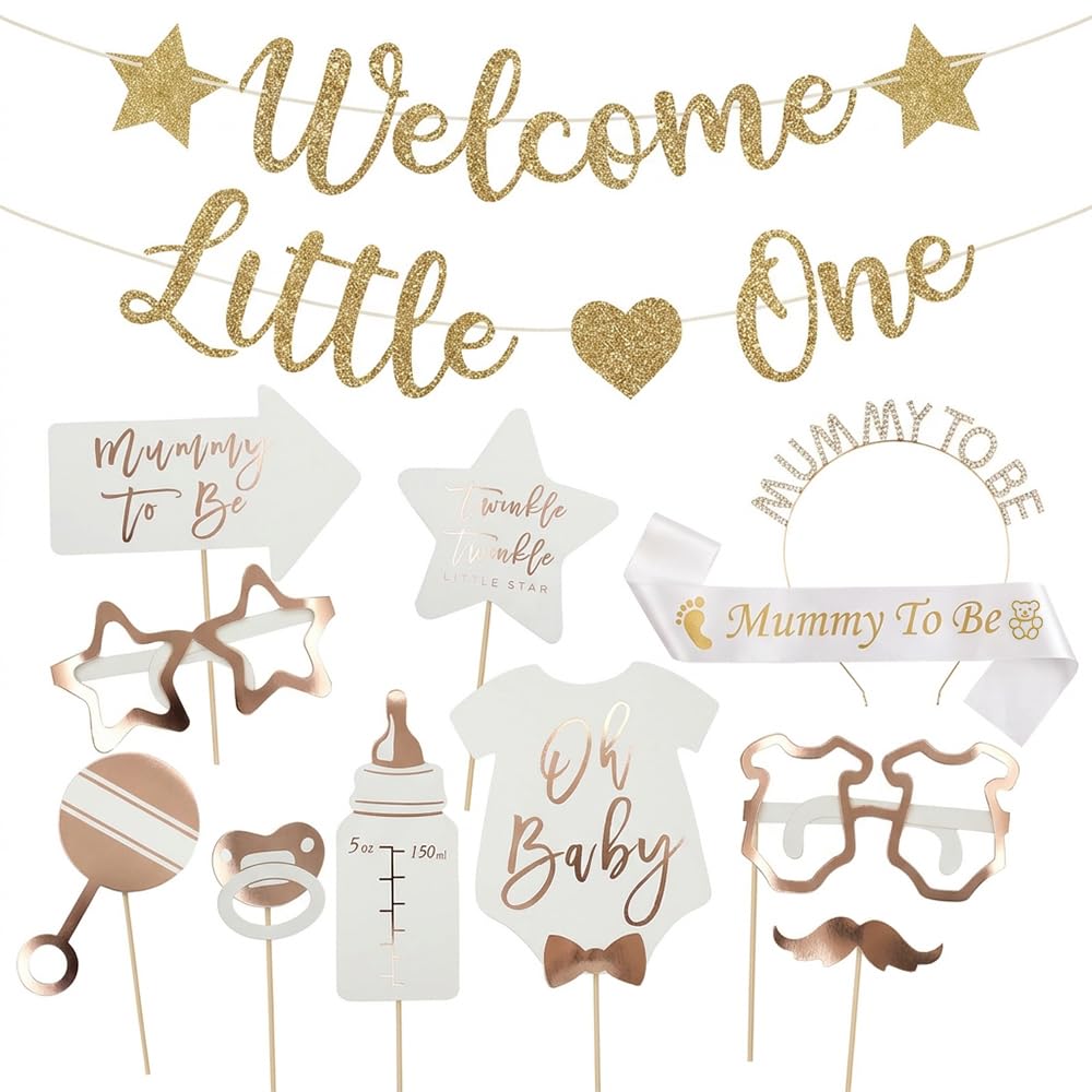Baby Shower Decoration Set, Mummy to Be Satin Sash, Mummy to Be Headband, Welcome Banner and Photo Booth Props, Party Supplies for Baby Shower Celebration (Gold Little One)