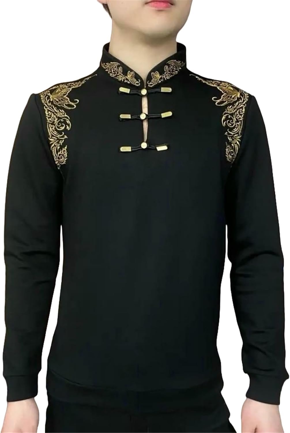 SOFTPEAK Men's Business Chinese Tunic Suit Stand Collar Frog Button Embroidered Ethnic Style Iron-Free
