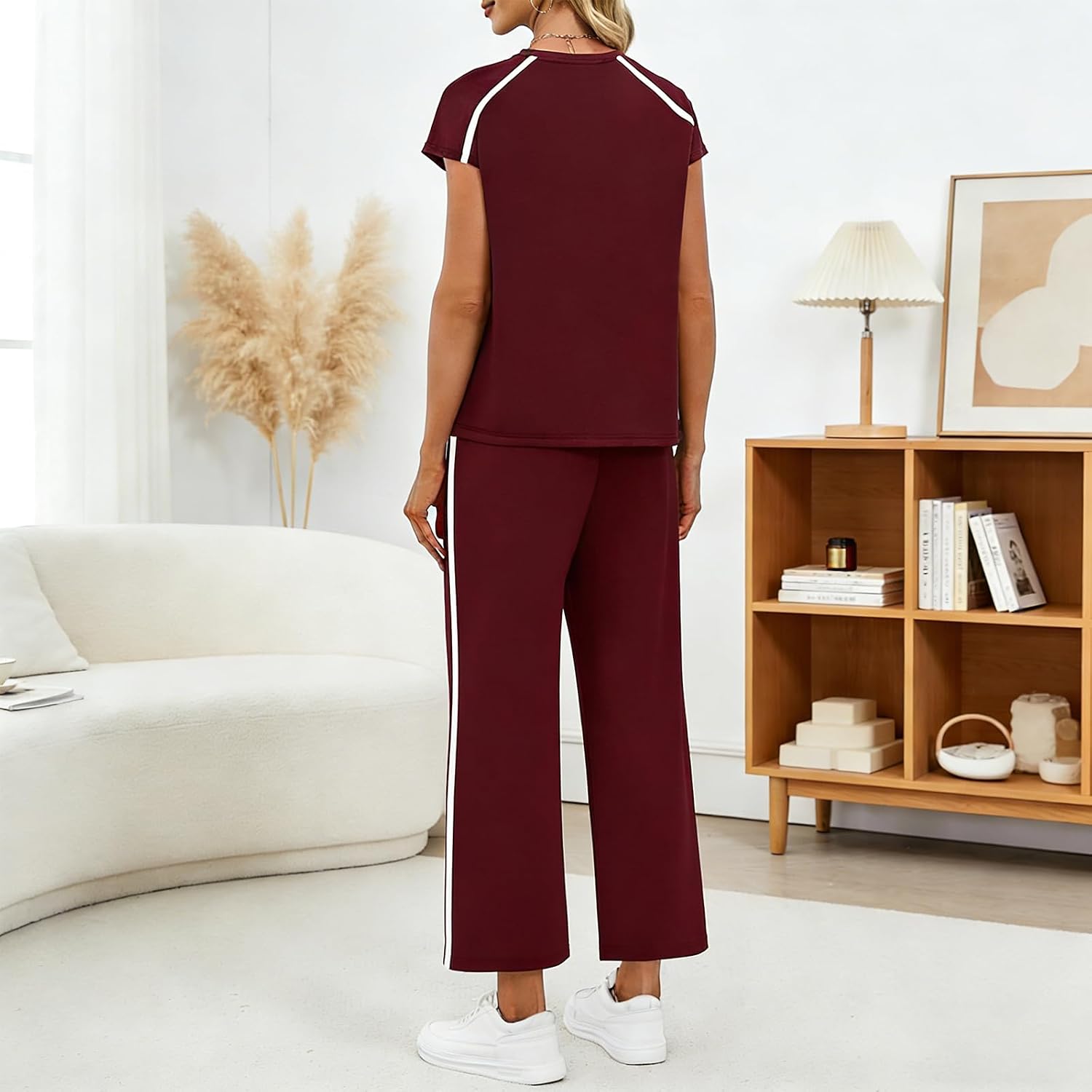 2 Piece Sets for Women Crew Neck Travel Airport Outfits Summer Fashion Clothing Cap Sleeve Tops Wide Legs Pants Set