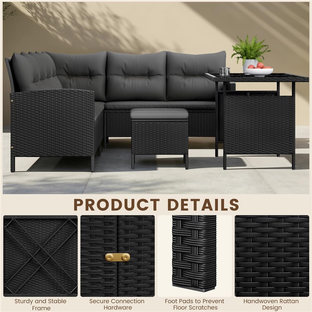 Yaheetech Polyrattan Lounge inkl. Ecksofa, Esstisch, 2 Hocker & Kissen bis 7 Personen, Wetterfest Gartenmöbel Set Rattan Sitzgruppe Gartenlounge Essgruppe für Garten Balkon Terrasse, Schwarz & Grau