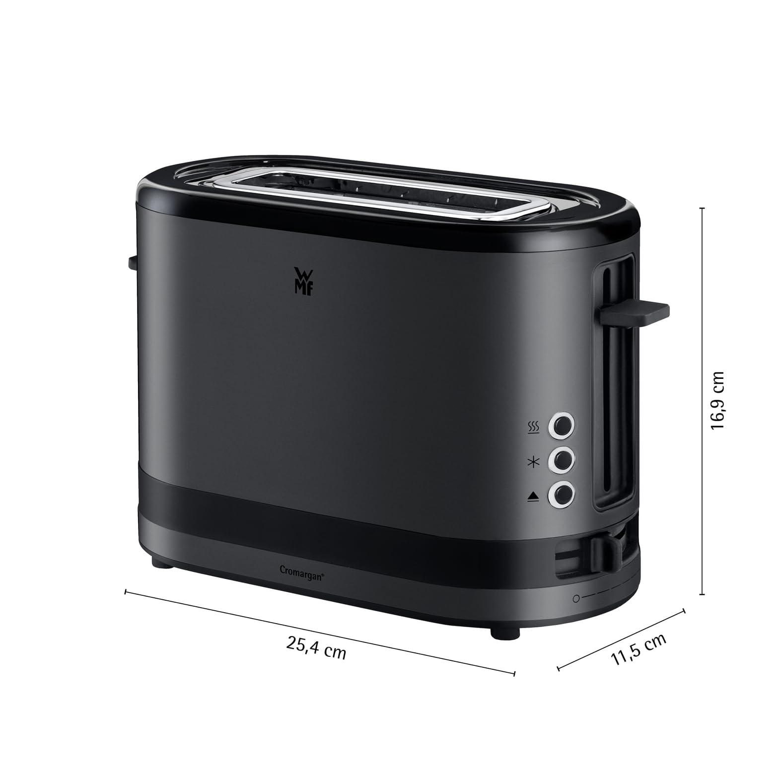 WMF Küchenminis toster 1 kromkowy z nasadką do bułek, na 1 szybę XXL, funkcja rozmrażania, toster z długim szczeliną z 7 poziomami opiekania, 600 W, stal nierdzewna, czarny matowy