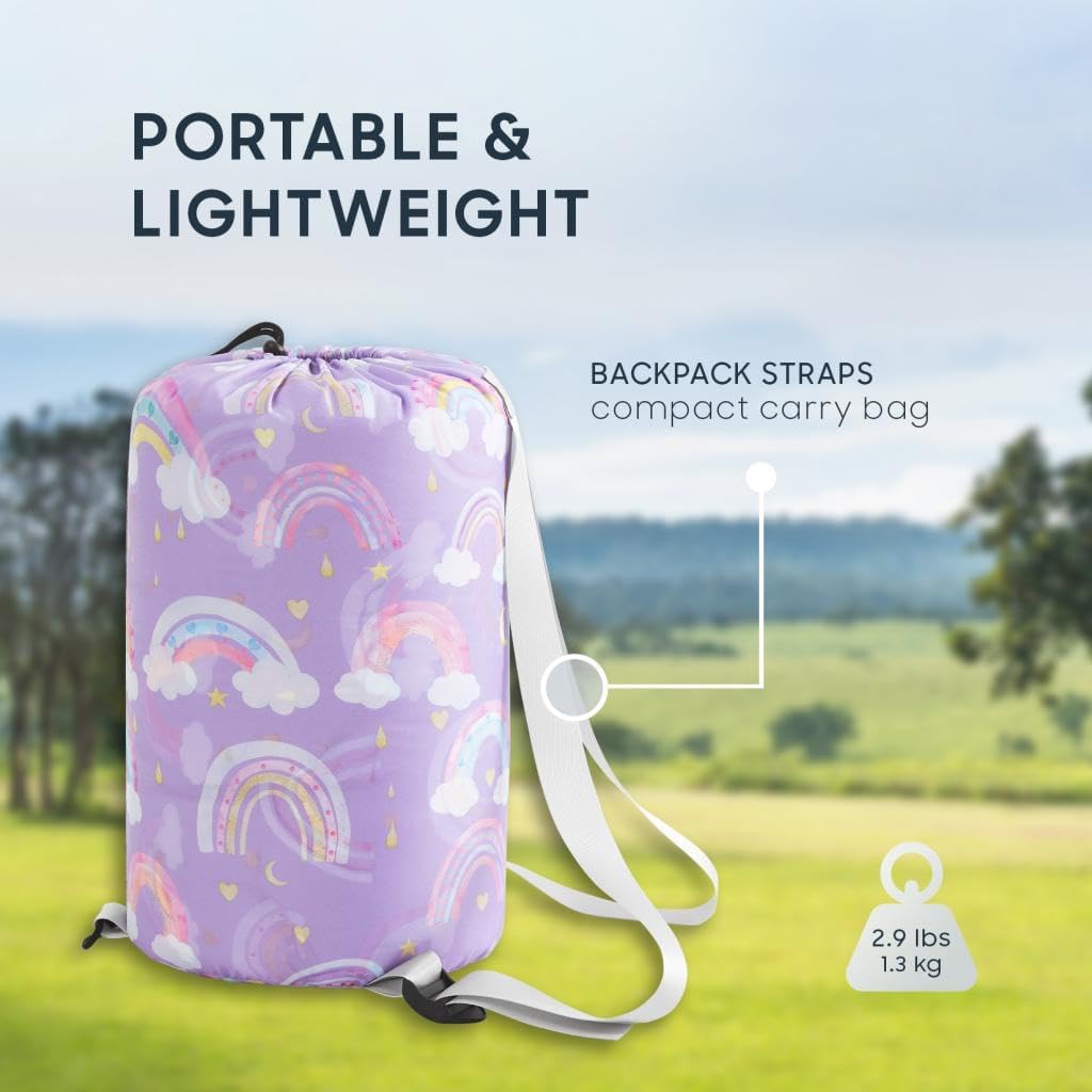 Wake In Cloud - Kids Sleeping Bag for Girls Toddlers, Camping in Warm Cold Weather, Backpacking Lightweight Compact Outdoor Liner for 3 Seasons, Rainbow Clouds