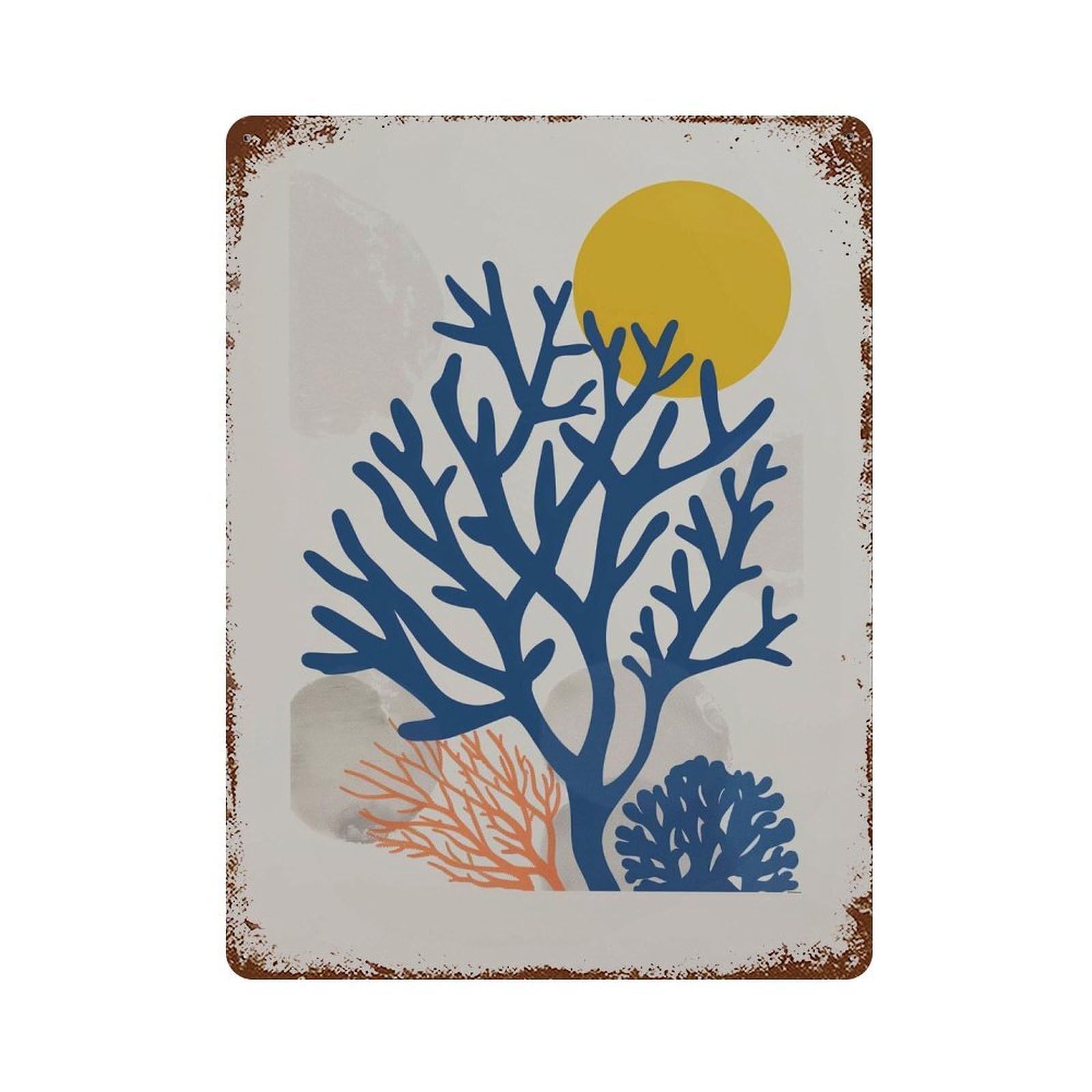 xiaoxiaoshen Abstract Coral Modern Coastal Ocean Inspired Blue Orange Minimal Mid Century Bea Wall Decor Art Metal Tin Poster Modern Home Decor Art Home Bar Shop Decorations Vintage Sign 40x30cm