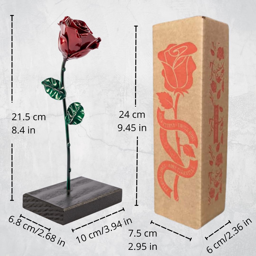 Forging Art Bcn® Rosa Eterna in Ferro Forgiato a Mano con Piedistallo - Edizione I Love You- Regalo Festa della mamma, San Valentino, 6° anniversario di matrimonio, Nozze di Ferro (LOVE con Base)