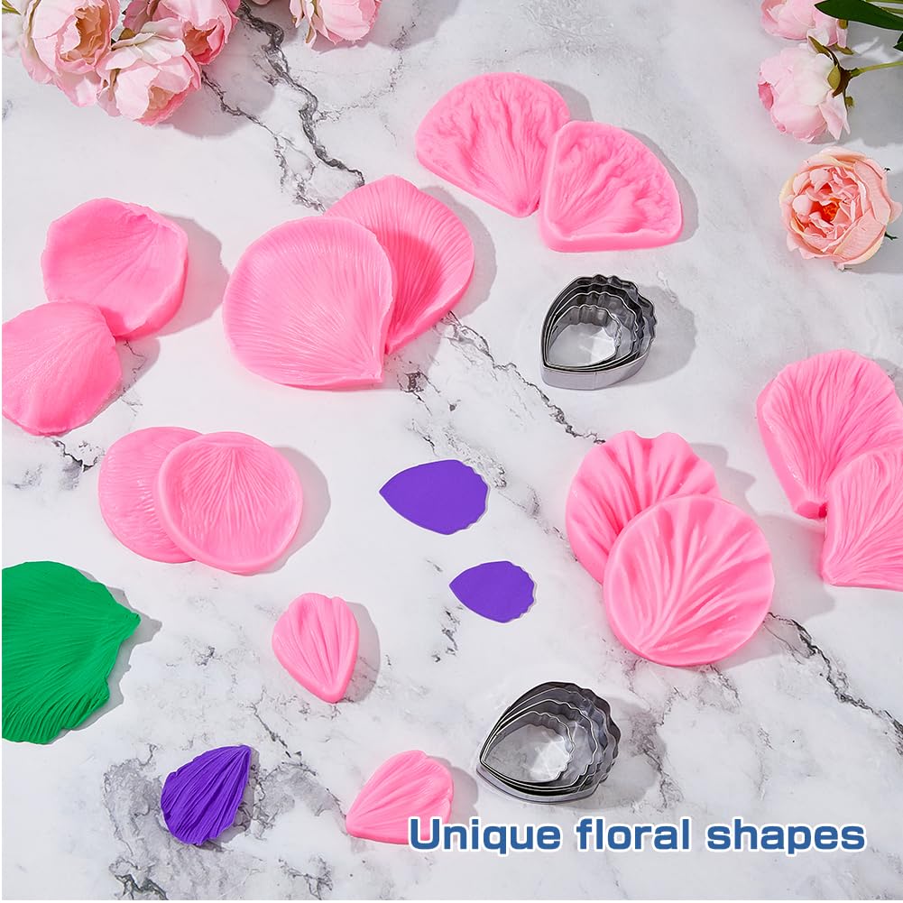 SUPERFINDINGS 1 Set Hibiskusblüten-Formen mit Edelstahl-Schneidrahmen zum Backen, Pfingstrosen-Ausstecher-Set und Adern für Zuckerpaste, Blumen-Backwerkzeug für Fondant, Schokolade