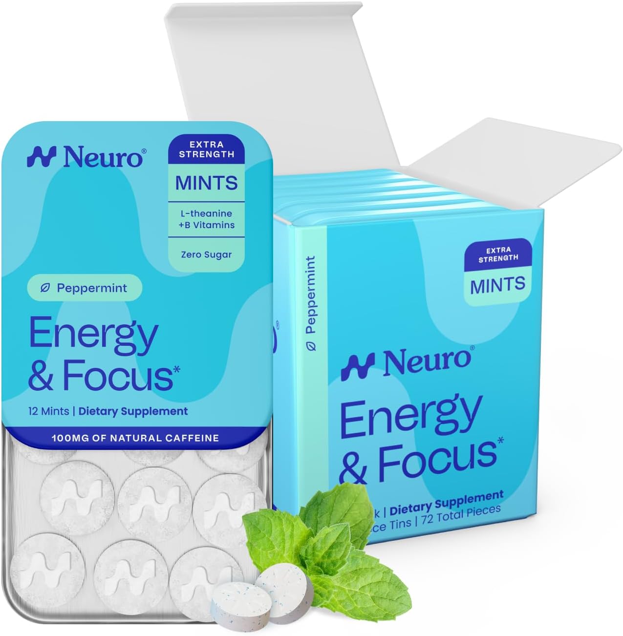Energy & Focus Mints, Extra Strength - Sugar Free Breath Mints with 100mg Natural Caffeine, B Vitamins & L-Theanine - Vegan Brain Supplement for Exercise, Study & Daily Focus - Peppermint, 72 ct