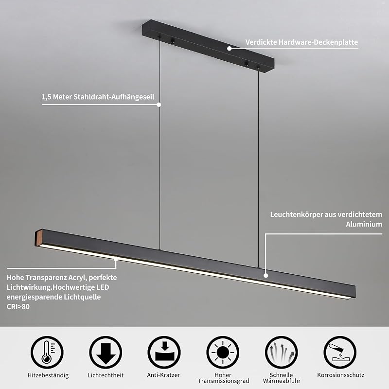 Mikeru 150 cm lineáris LED függeszték konyhaszigetre és étkezőbe, 3000K 4500K 6500K, dimmelhető 10-100 százalékban távirányító elemek nélkül