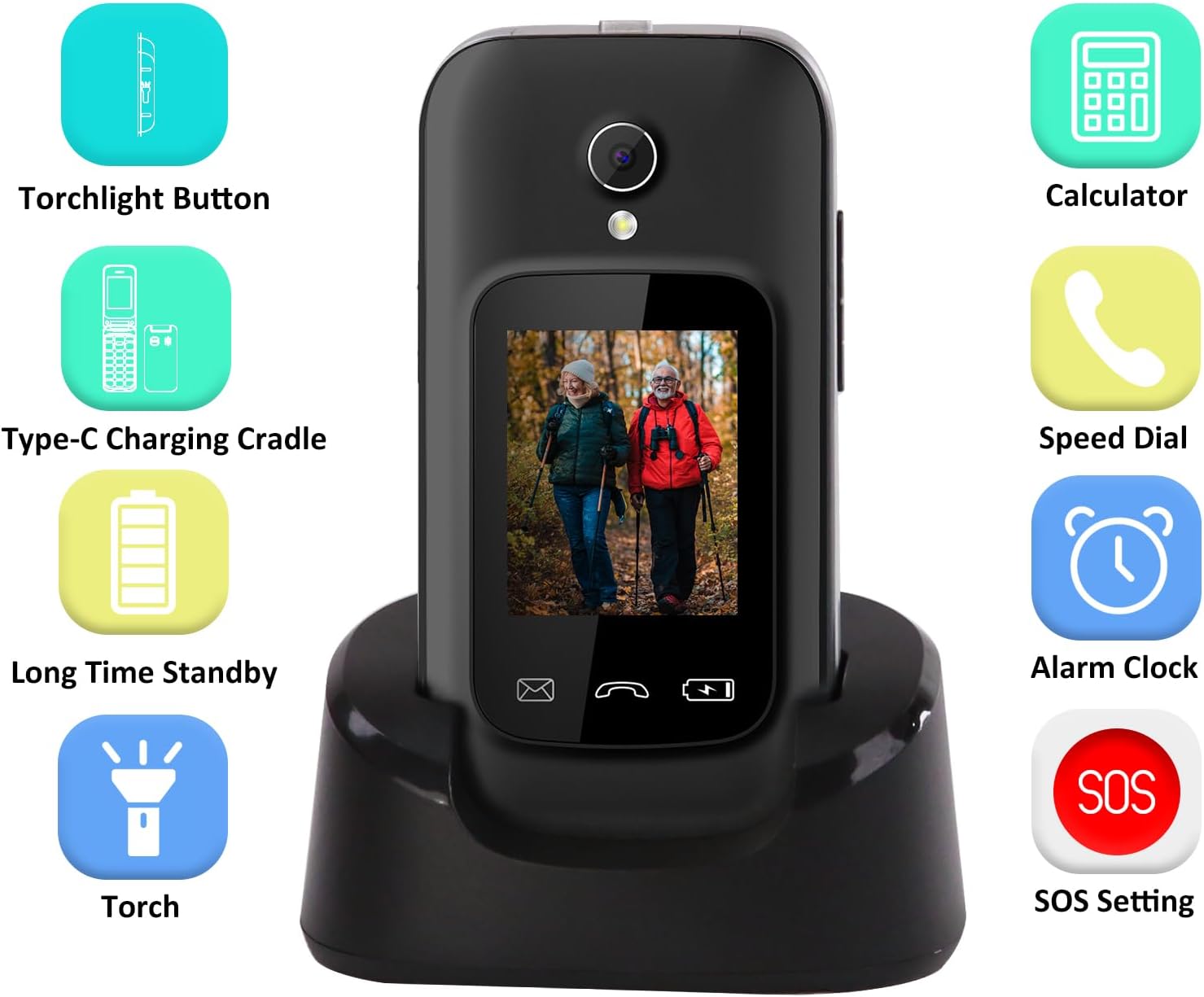 Teléfono plegable LESIA F2 en su base de carga, rodeado de íconos que representan funciones como linterna, calculadora, marcación rápida y reloj despertador.