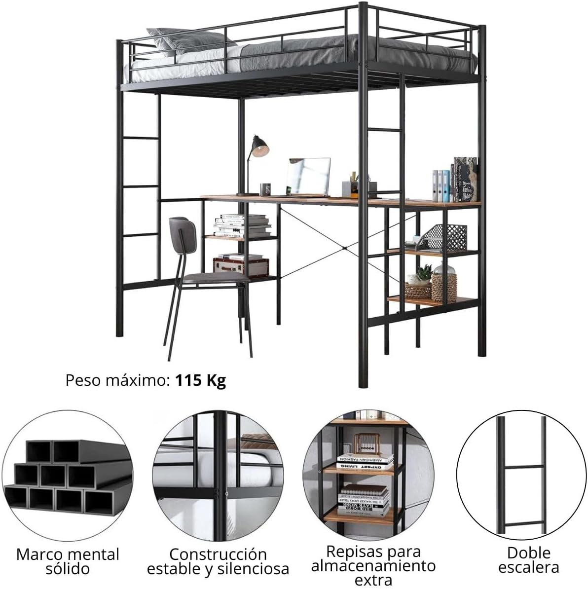 Key features of the FABATO AE-30KM Loft Bed: solid metal frame, stable construction, extra storage shelves, and double ladder.