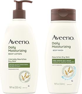 Aveeno Daily Moisturizing Lotion & Wash Regimen Pack, Nourishing Daily Moisturizing Body Lotion for Dry Skin, 18 oz, & Hydrating Body Wash with Soothing Prebiotic Oat, 18 oz, 2 Items