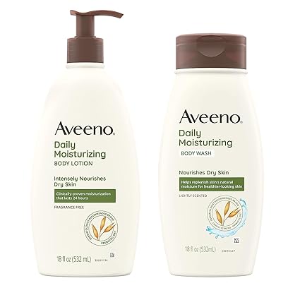 Aveeno Daily Moisturizing Lotion & Wash Regimen Pack, Nourishing Daily Moisturizing Body Lotion for Dry Skin, 18 oz, & Hydrating Body Wash with Soothing Prebiotic Oat, 18 oz, 2 Items