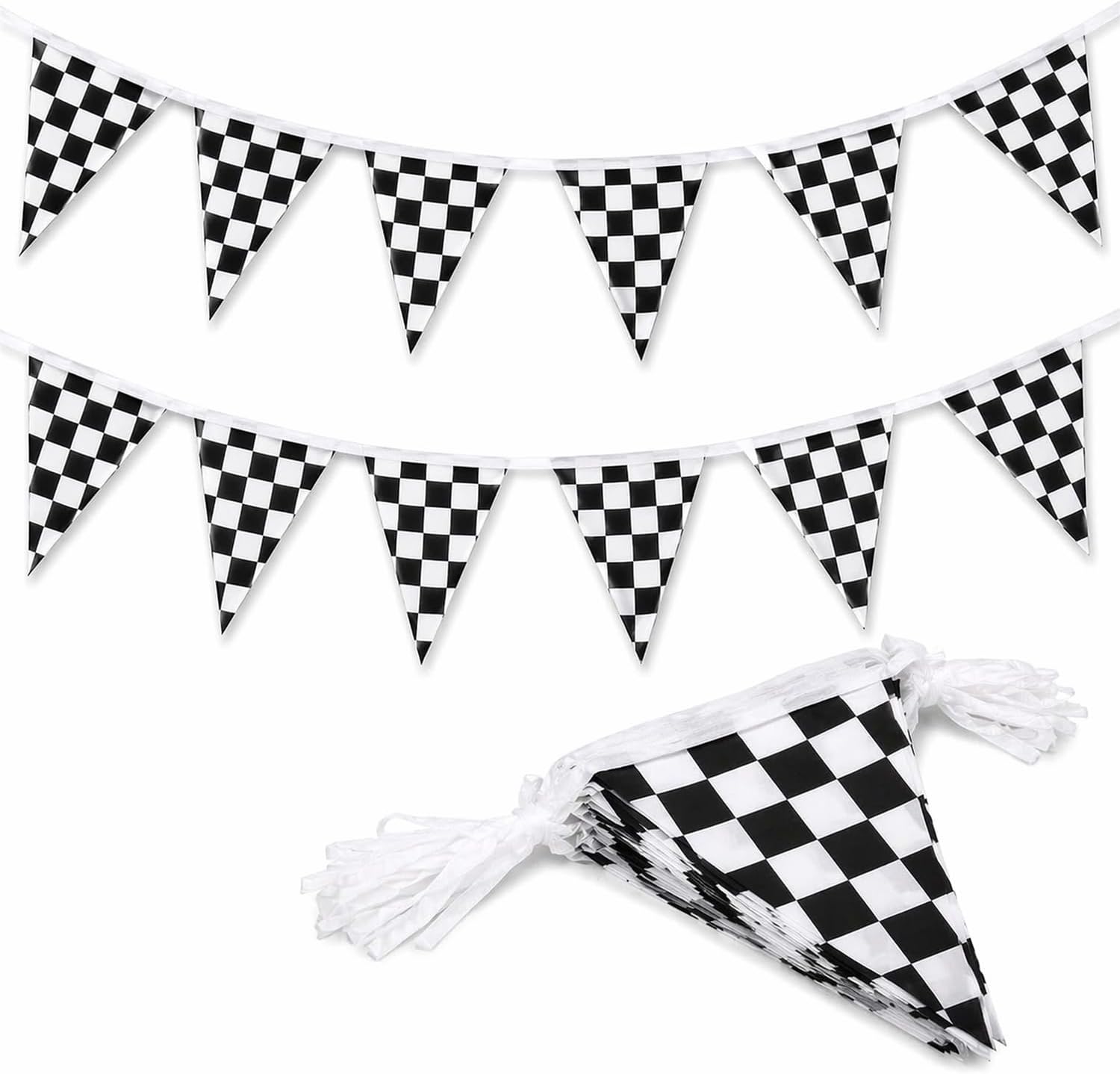 Black and White Checkered Pennant Banner, 21 Large Flags on 30 ft String, Anti-Fray Reusable Polyester Triangle Bunting Garland for Race Car Birthday Party, Sports Events, Indoor Outdoor