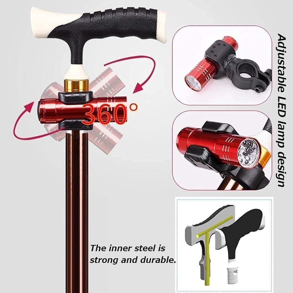 MObyat Andador para Ancianos,Silla para Caminar Trípode Plegable para Personas Mayores: aleación de Aluminio Ajustable en Altura portátil con luz LED, muletas para Personas Mayores Andador para CAM
