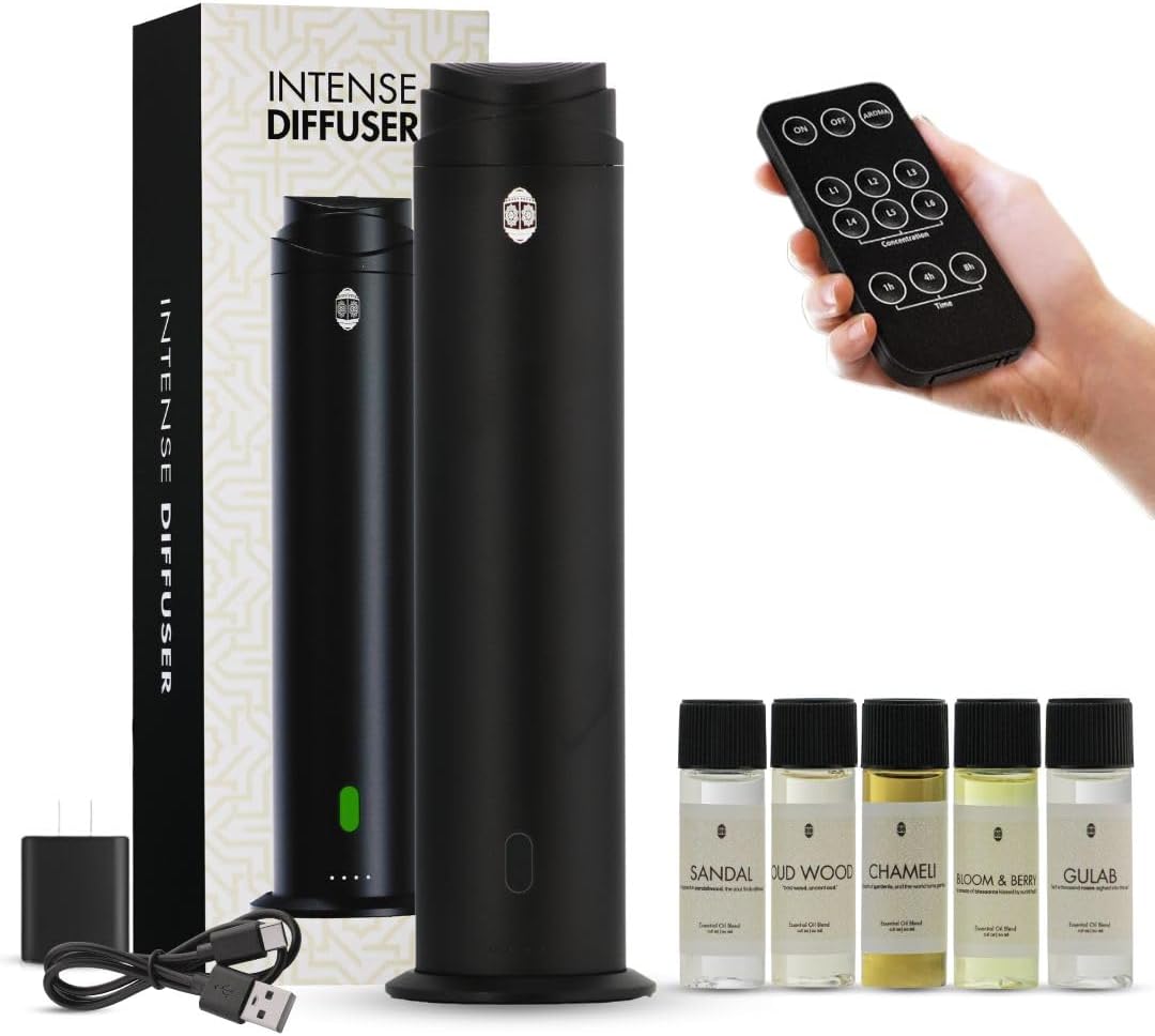 Intense Oud Waterless Diffuser – 120ML Essential Oil Diffuser & Aromatherapy Diffuser for Rooms up to 1000 Sq Ft, Ultra-Quiet Scent Air Machine with Remote, Timer & 5 Scent Kit – Matte Black Aluminum