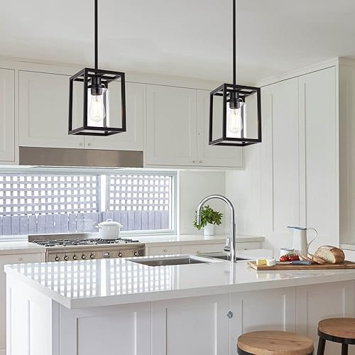 Miniatura 3 de VINLUZ Lámpara colgante individual de 1 luz en acabado negro mate, lámpara clásica de granja con pantalla de vidrio transparente, lámpara de techo