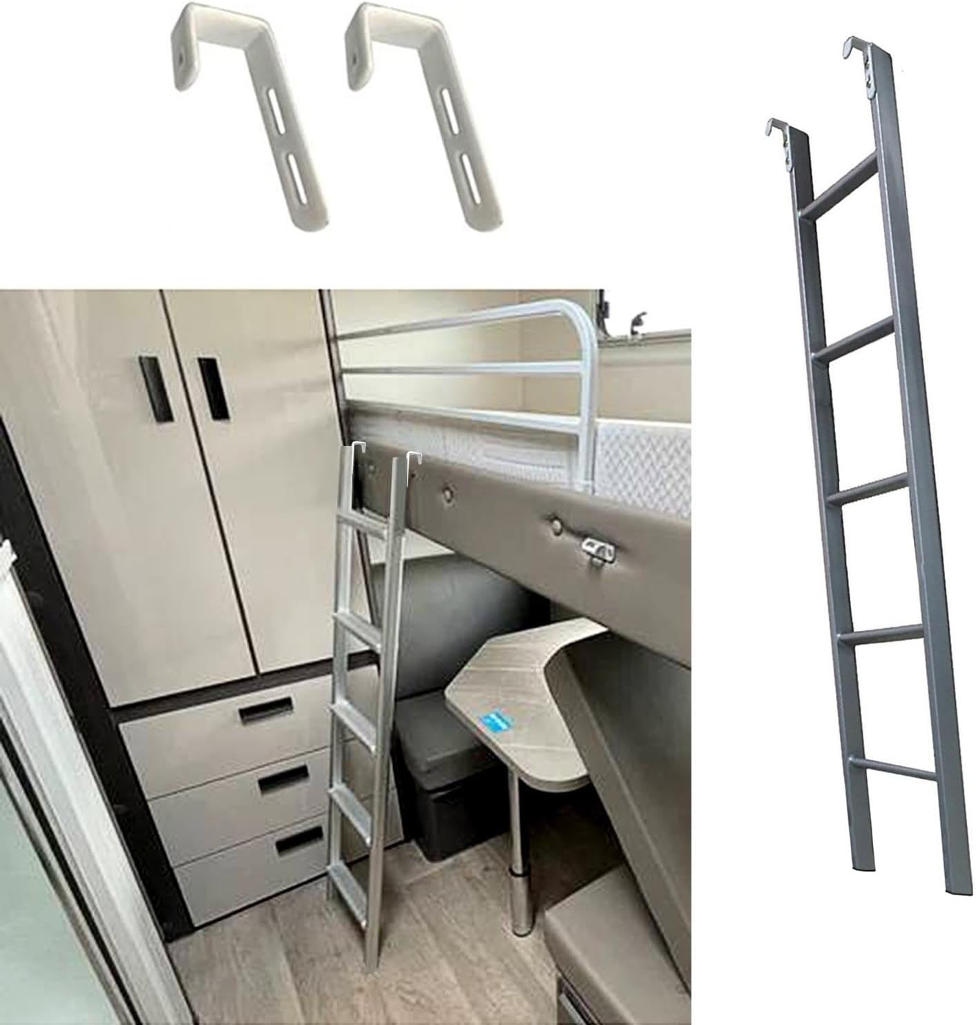 Silver Floor-Standing RV Bunk Ladder, Metal 5 Step Twin Bunk Bed Ladder, Bed Side Step Ladder for Travel Trailers, 59in Straight Ladder
