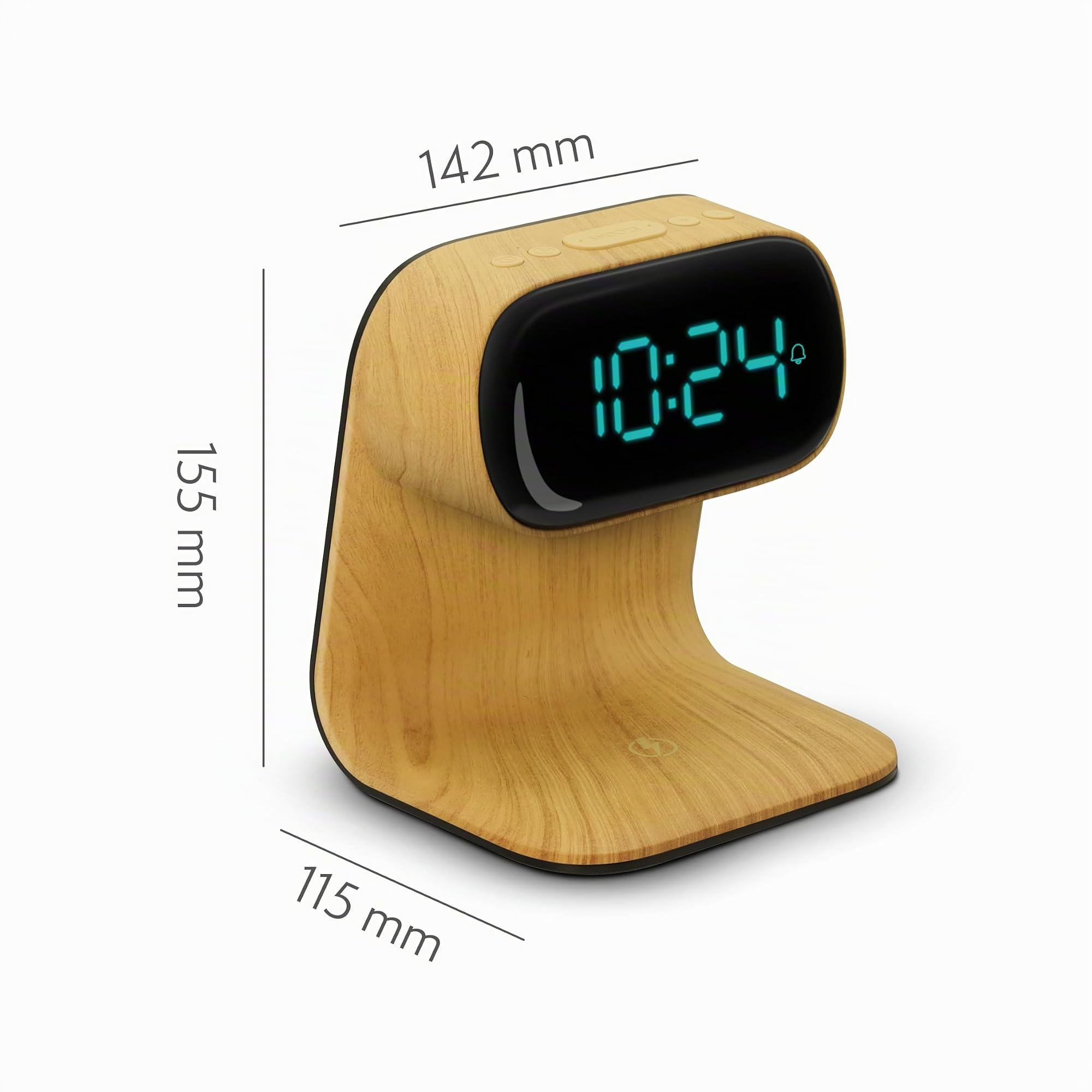 mooov Réveil Affichage Multicouleur Liseuse avec Chargeur Induction 15W - Alimenattion Secteur- Effet Bois