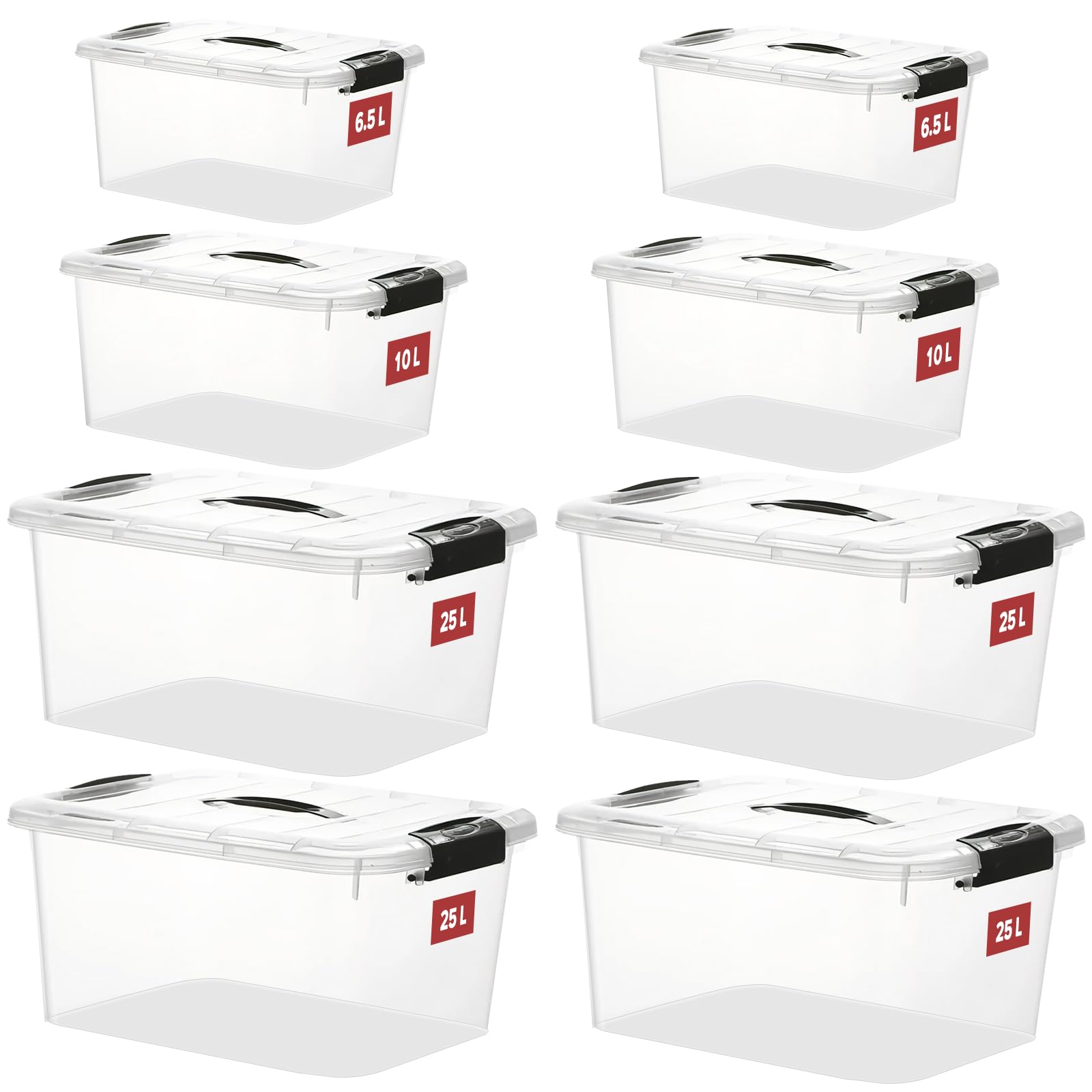 Stackable Plastic Tote Boxes - 25L Storage Boxes with Lid and Buckles, Clear Latch Boxes for Home, Kitchen, Office, Clothes, Books, Toy Organiser, BPA-Free, 8 Pack