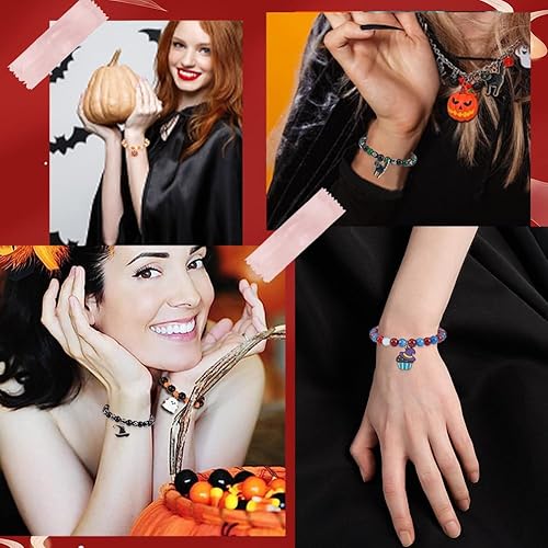Miniatura 5 de SUNNYCLUE 1 caja de 6 juegos de pulseras de Halloween, cuentas de Halloween, sombrero de bruja mágica, abalorios de calabaza para kits de