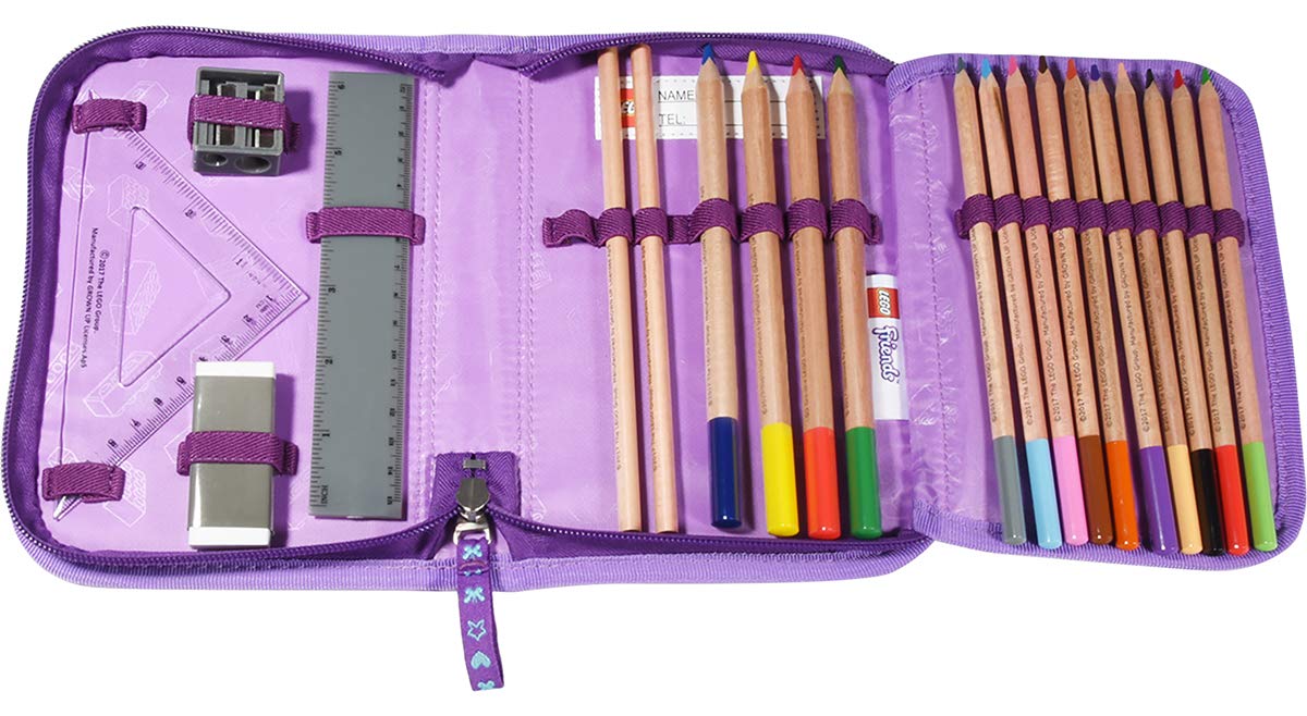LEGO Bags Federmäppchen Friends, Federmappe 20 teilig gefüllt, Federtasche mit LEGO Motiv, Stiftebox lila, Schüleretui mit Inhalt, Schul Etui mit Namensfeld, Stundenplan, Lineal und Anspitzer